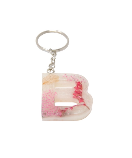 Letter B Resin Keychain with Dried Red Flowers