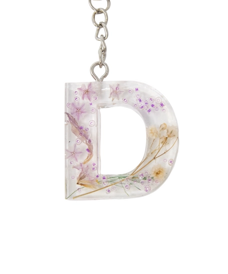 Transparent Resin Keychain with Dried Flowers - Letter D