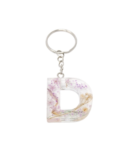 Transparent Resin Keychain with Dried Flowers - Letter D