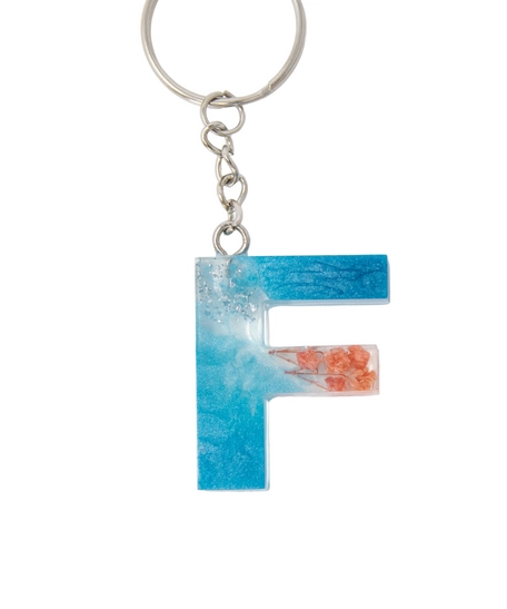 Resin Keychain with Blue Glitter and Peach Fried Flowers in the Shape of the Letter F