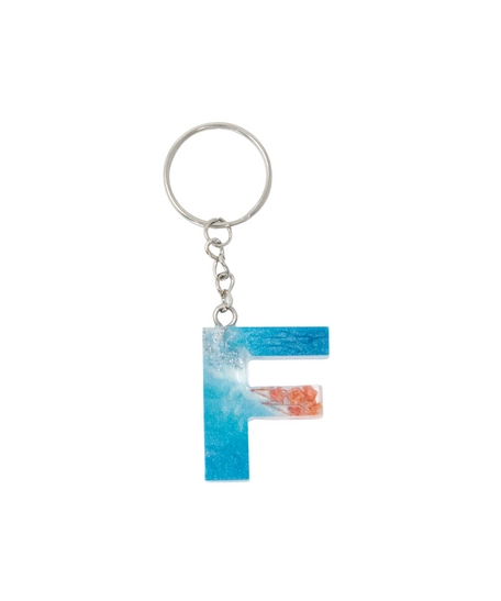 Resin Keychain with Blue Glitter and Peach Fried Flowers in the Shape of the Letter F