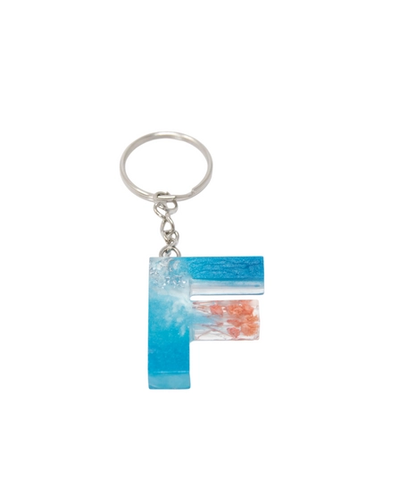 Resin Keychain with Blue Glitter and Peach Fried Flowers in the Shape of the Letter F