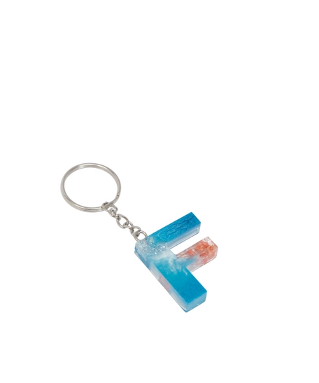 Resin Keychain with Blue Glitter and Peach Fried Flowers in the Shape of the Letter F