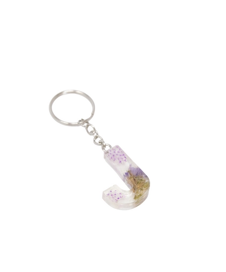 Resin Keychain with Dried Flowers in the Shape of the Letter J