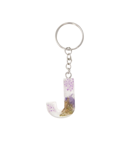 Resin Keychain with Dried Flowers in the Shape of the Letter J