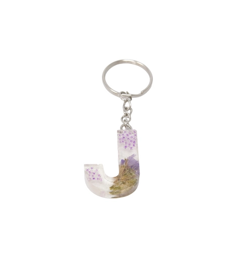 Resin Keychain with Dried Flowers in the Shape of the Letter J