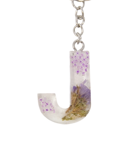 Resin Keychain with Dried Flowers in the Shape of the Letter J