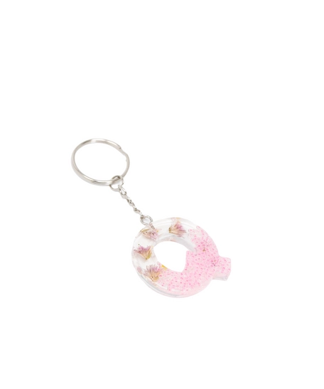 Resin Keychain with Dried Flowers & Pink Sparkling Beads in the Shape of the Letter Q