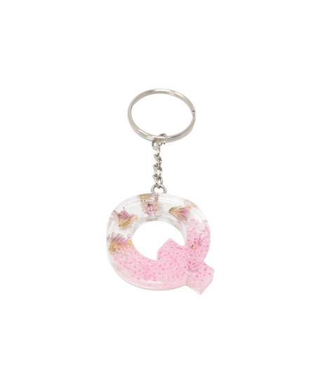 Resin Keychain with Dried Flowers & Pink Sparkling Beads in the Shape of the Letter Q