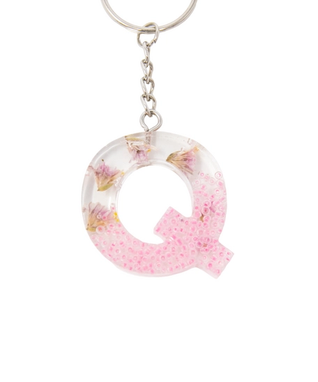 Resin Keychain with Dried Flowers & Pink Sparkling Beads in the Shape of the Letter Q