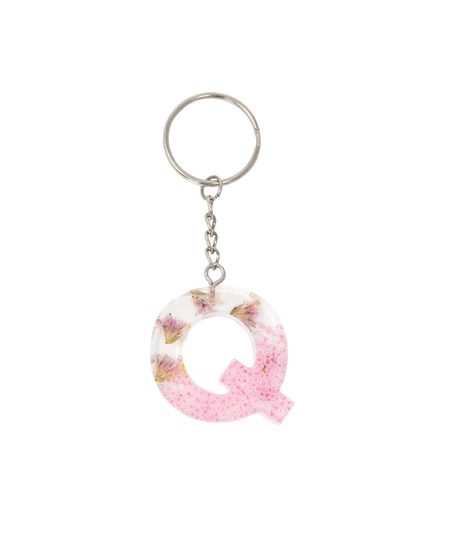 Resin Keychain with Dried Flowers & Pink Sparkling Beads in the Shape of the Letter Q