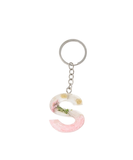 Resin Keychain with Dried Flowers & Pink Sparkling Beads in the Shape of the Letter S