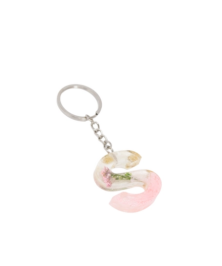 Resin Keychain with Dried Flowers & Pink Sparkling Beads in the Shape of the Letter S