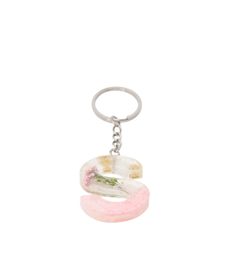 Resin Keychain with Dried Flowers & Pink Sparkling Beads in the Shape of the Letter S