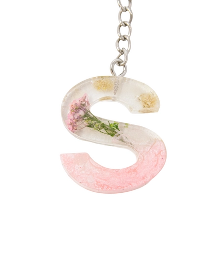 Resin Keychain with Dried Flowers & Pink Sparkling Beads in the Shape of the Letter S