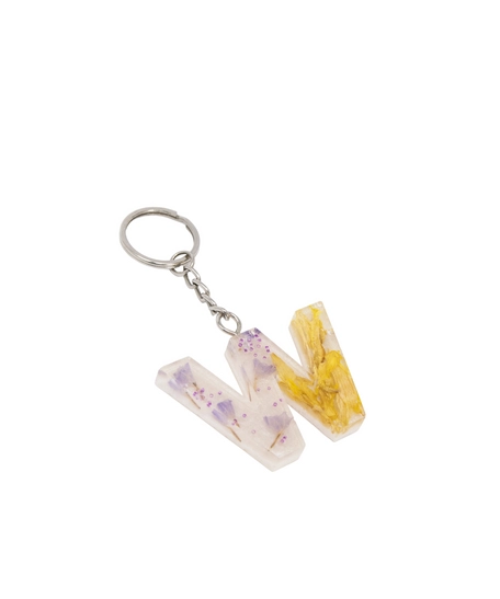 Transparent Resin Keychain with Dried Flowers - Letter W