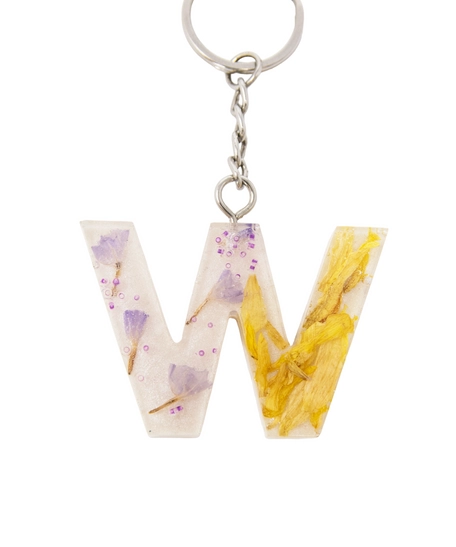 Transparent Resin Keychain with Dried Flowers - Letter W