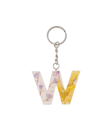 Transparent Resin Keychain with Dried Flowers - Letter W