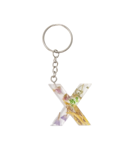 Resin Keychain with Dried Colorful Flowers in the Shape of the Letter X