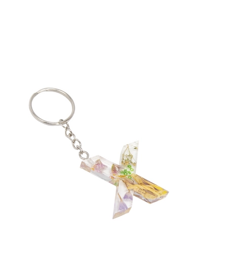 Resin Keychain with Dried Colorful Flowers in the Shape of the Letter X