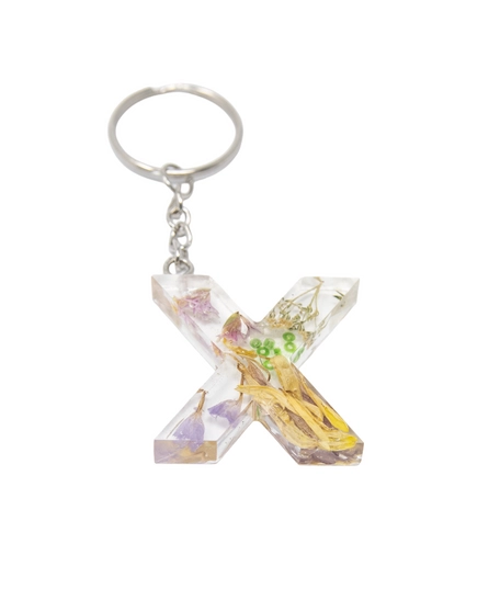 Resin Keychain with Dried Colorful Flowers in the Shape of the Letter X