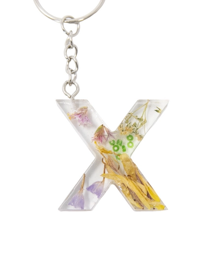 Resin Keychain with Dried Colorful Flowers in the Shape of the Letter X