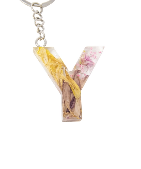 Resin Keychain with Dried Colorful Flowers in the Shape of the Letter Y