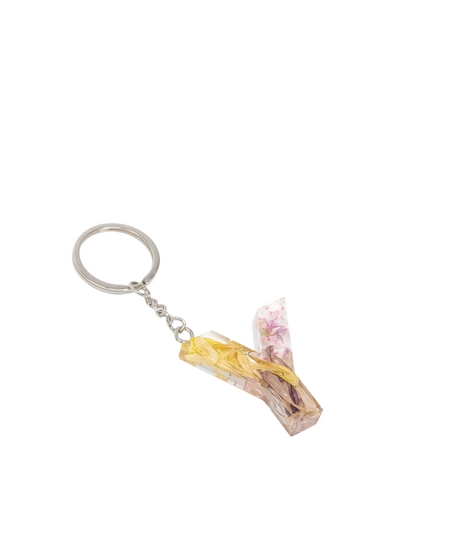 Resin Keychain with Dried Colorful Flowers in the Shape of the Letter Y