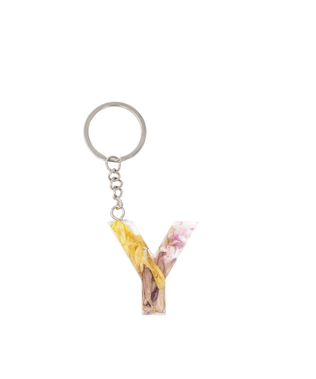 Resin Keychain with Dried Colorful Flowers in the Shape of the Letter Y