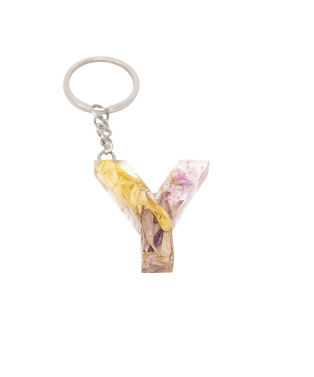 Resin Keychain with Dried Colorful Flowers in the Shape of the Letter Y