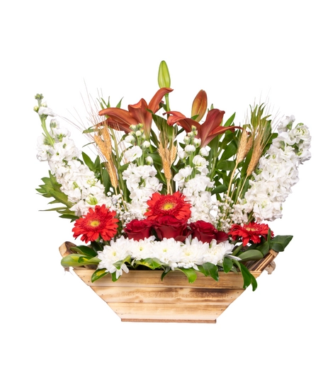 Flower Bouquet in a Wooden Basket - Red, white and Peach Flowers