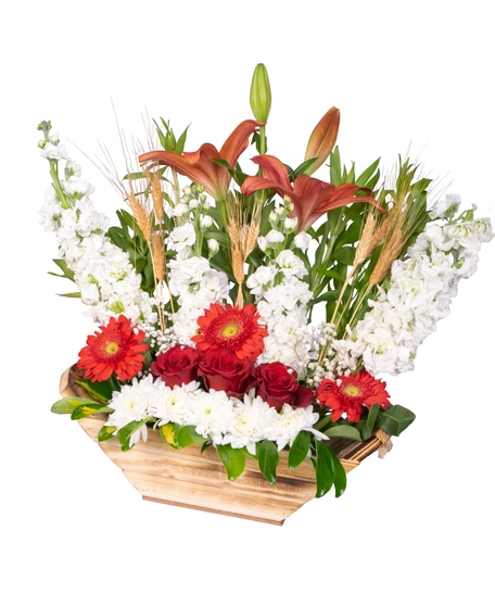 Flower Bouquet in a Wooden Basket - Red, white and Peach Flowers