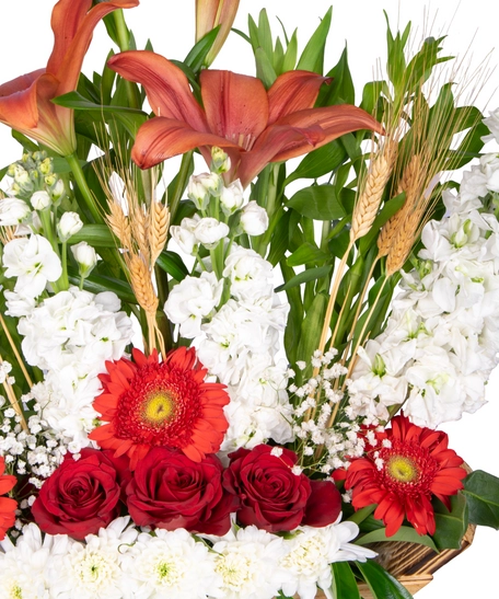 Flower Bouquet in a Wooden Basket - Red, white and Peach Flowers