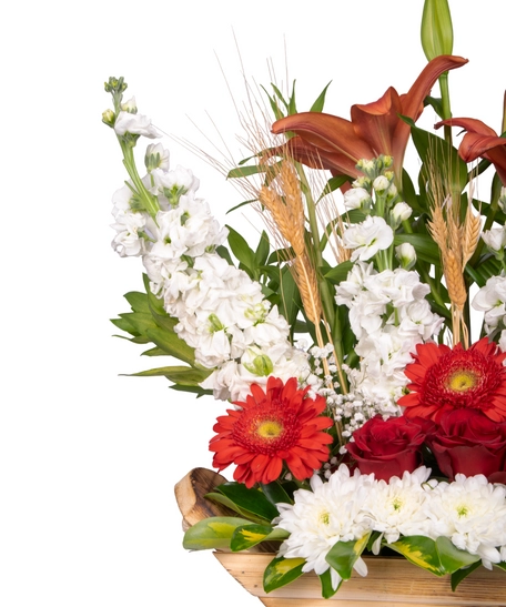 Flower Bouquet in a Wooden Basket - Red, white and Peach Flowers