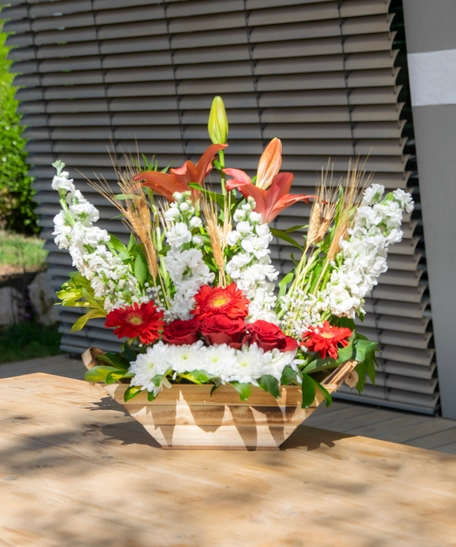 Flower Bouquet in a Wooden Basket - Red, white and Peach Flowers