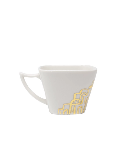 White Ceramic Coffee Set with Saucers Adorned with Hand-drawn Golden Motifs