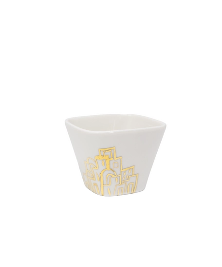 White Ceramic Coffee Set with Saucers Adorned with Hand-drawn Golden Motifs