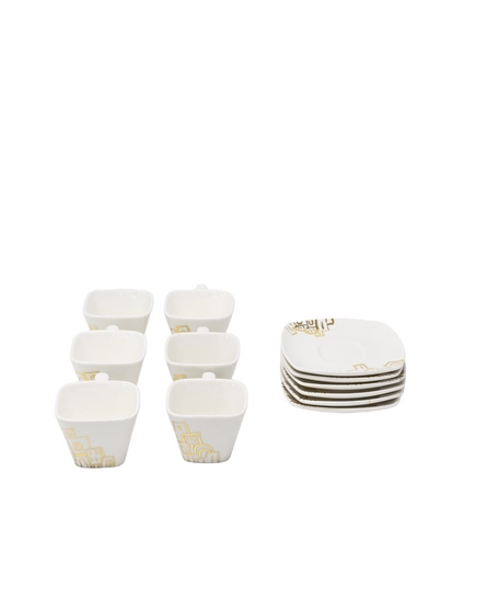 White Ceramic Coffee Set with Saucers Adorned with Hand-drawn Golden Motifs