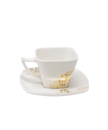 White Ceramic Coffee Set with Saucers Adorned with Hand-drawn Golden Motifs