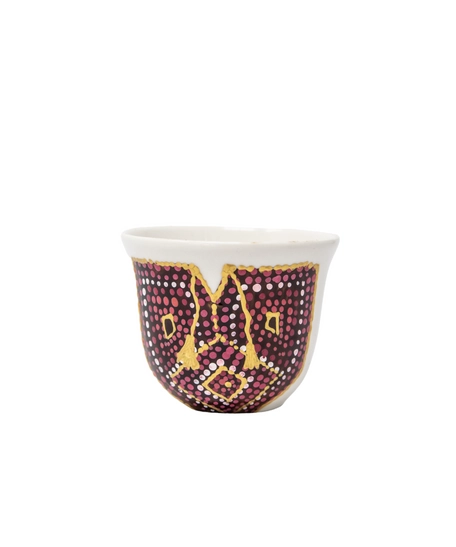 A Set of Arabic Coffee Cups with Hand-drawn Designs Inspired by Jordanian Culture - Women's Red Dress