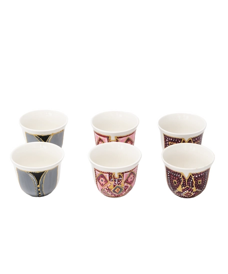 A Set of Arabic Coffee Cups with Hand-drawn Designs Inspired by Jordanian Culture - Women's Red Dress