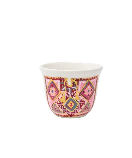 A Set of Arabic Coffee Cups with Hand-drawn Designs Inspired by Jordanian Culture - Women's Red Dress