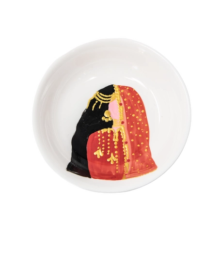 Small White Plate Adorned with Hand-drawing of a Girl In Traditional Outfit - Green