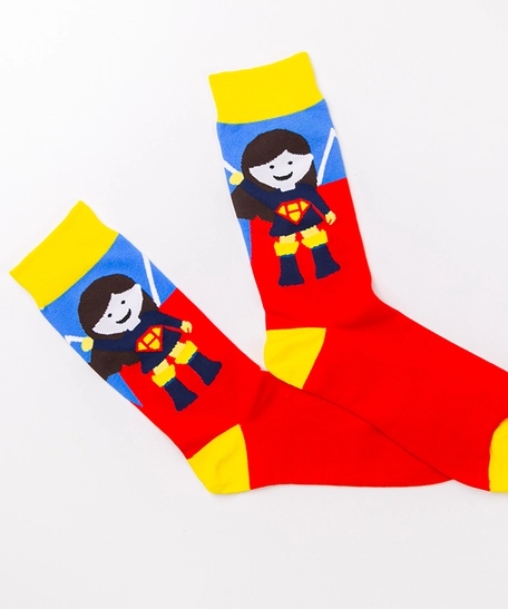 Pair of Socks with a Design Inspired by the Drawings of Pediatric Cancer Patients at KHCC - Super Girl