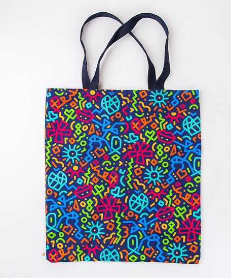 Navy Blue Tote Bag with Colorful Printed Motifs