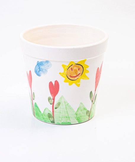 Small Ceramic Plant Pot Adorned with Hand-drawn Illustrations by Kids at KHCC  - Flowers