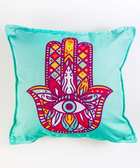 Turquoise Cushion with a Design Inspired by the Drawings of Pediatric Cancer Patients at KHCC - Hamsa