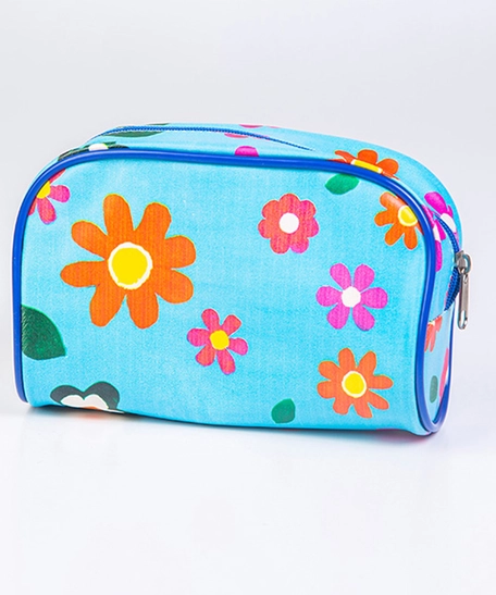 Vibrant Blue Pouch with Printed Designs of Colorful Flowers