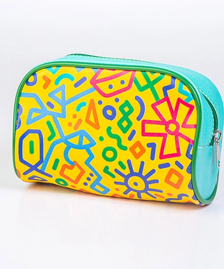 Small Yellow and Turquoise Pouch with Colorful Printed Patterns