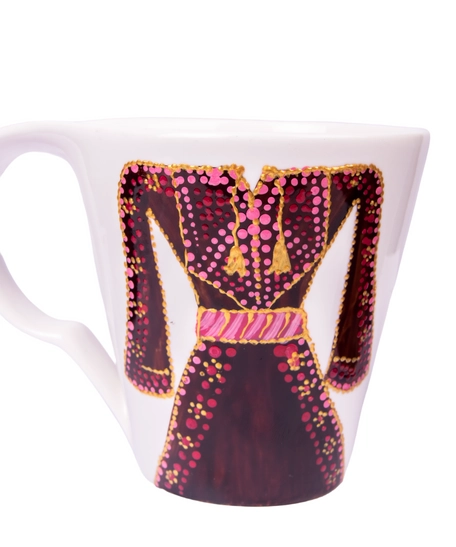 White Mug with Hand Painted Design of an Elegantly Embroidered Dress